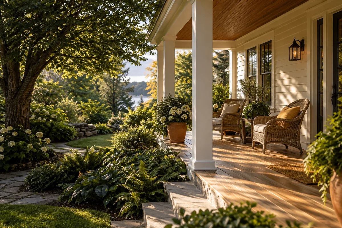 Illustrative sunlit porch overlooking a garden
